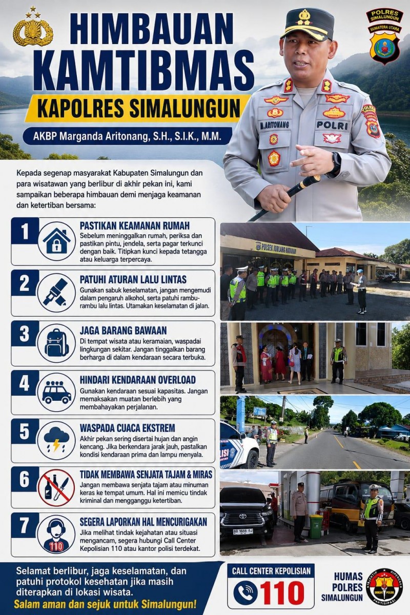 Libur Akhir Pekan Aman, Kapolres Simalungun AKBP Marganda Aritonang Keluarkan 7 Himbauan Kamtibmas untuk Masyarakat dan Wisatawan