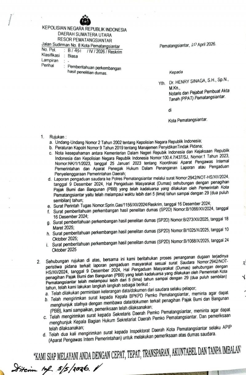 Pemeriksaan Dumas Dr. Henry Sinaga Terkait Penagihan PBB Kadaluarsa Berlanjut