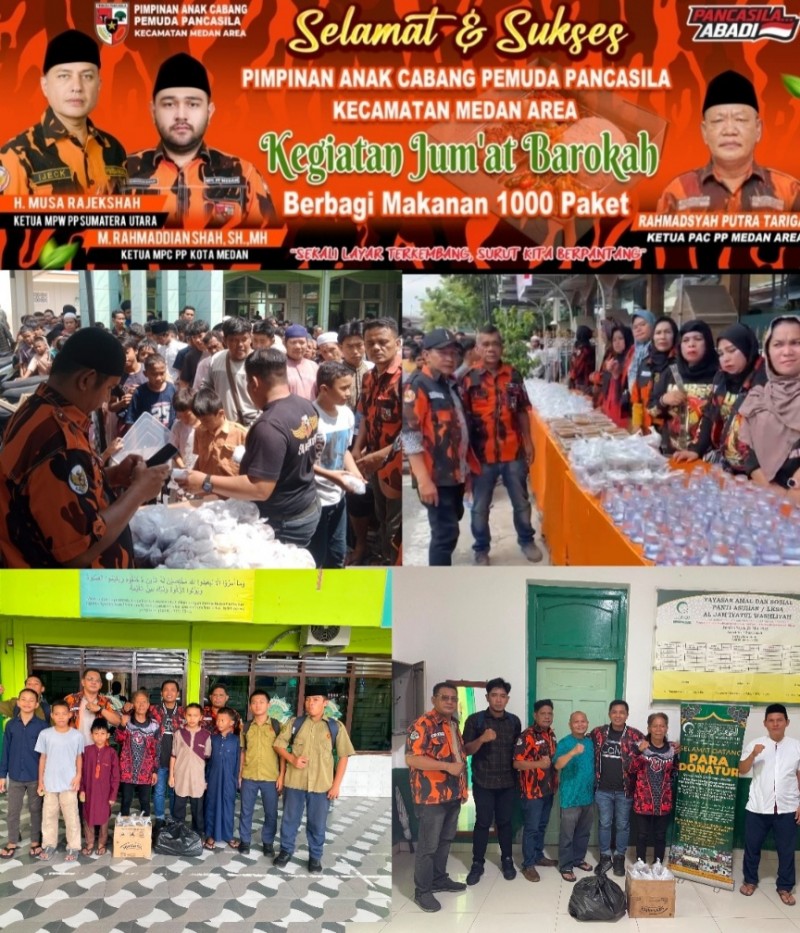 Tebar Kepedulian di Hari Jumat, PAC Pemuda Pancasila Medan Area Bagikan 1.000 Paket Makanan untuk Jamaah dan Panti Asuhan