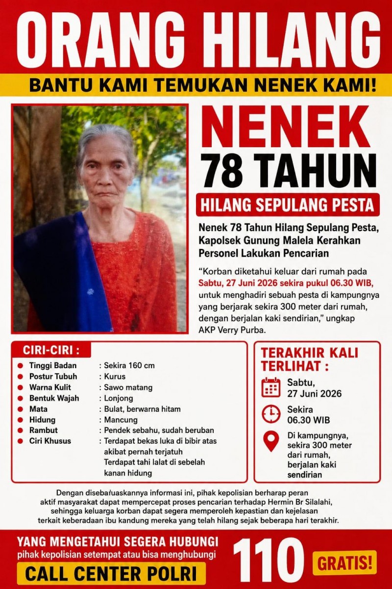 Nenek 78 Tahun Hilang Sepulang Pesta, Kapolsek Gunung Malela Kerahkan Personel Lakukan Pencarian
