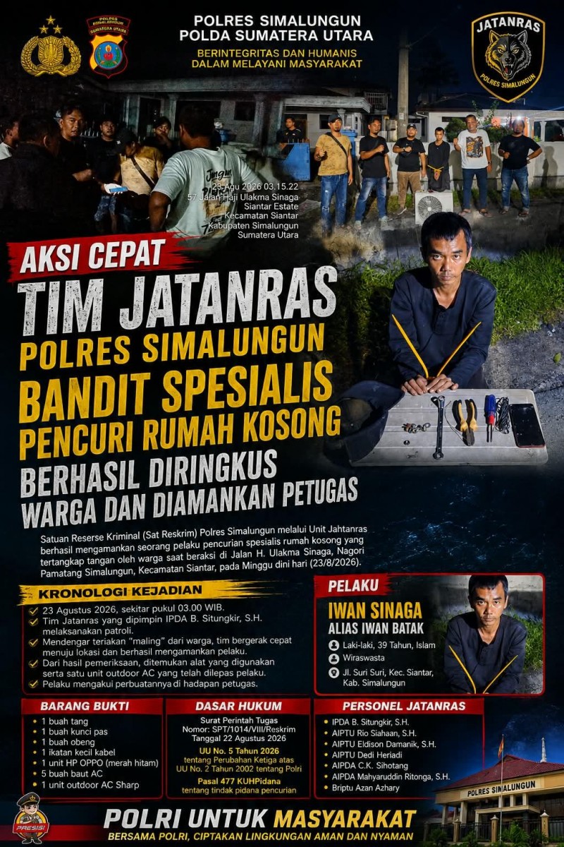 Tim Jatanras Polres Simalungun Ringkus Bandit Spesialis Pencuri AC di Rumah Kosong