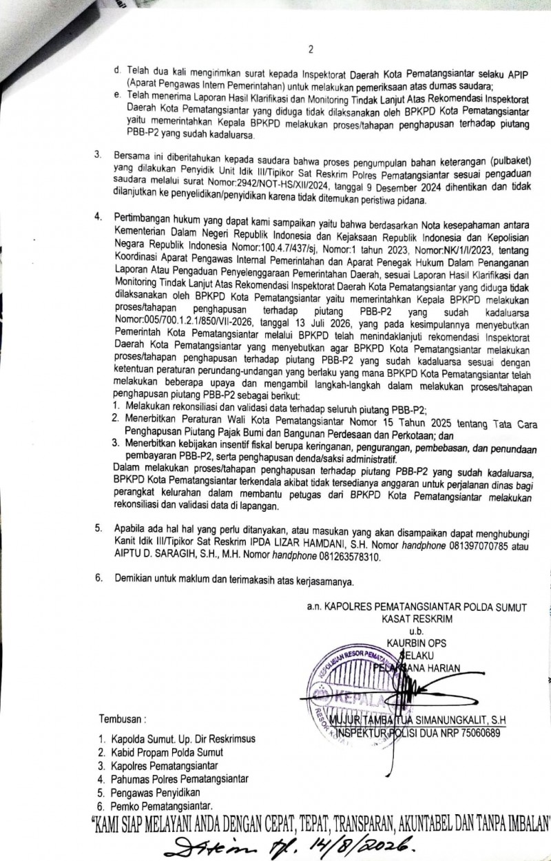 Penghapusan PBB Kadaluarsa di Siantar Terkendala Anggaran.