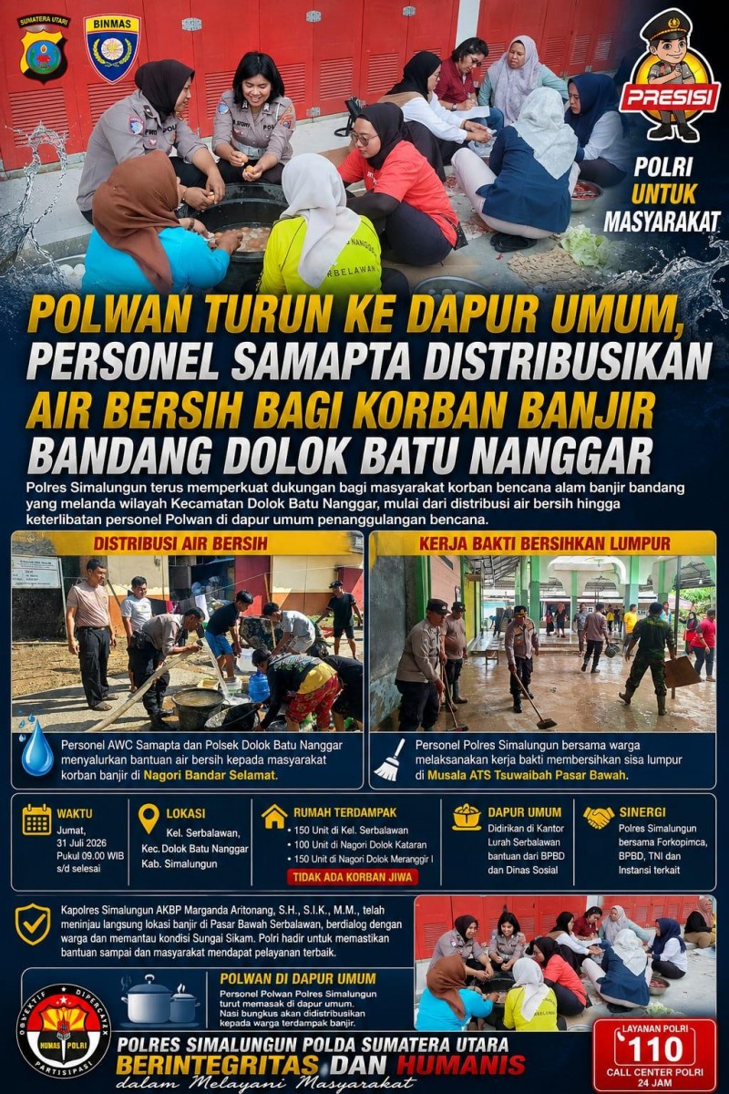Polwan Turun ke Dapur Umum, Personel Samapta Distribusikan Air Bersih bagi Korban Banjir Bandang Dolok Batu Nanggar