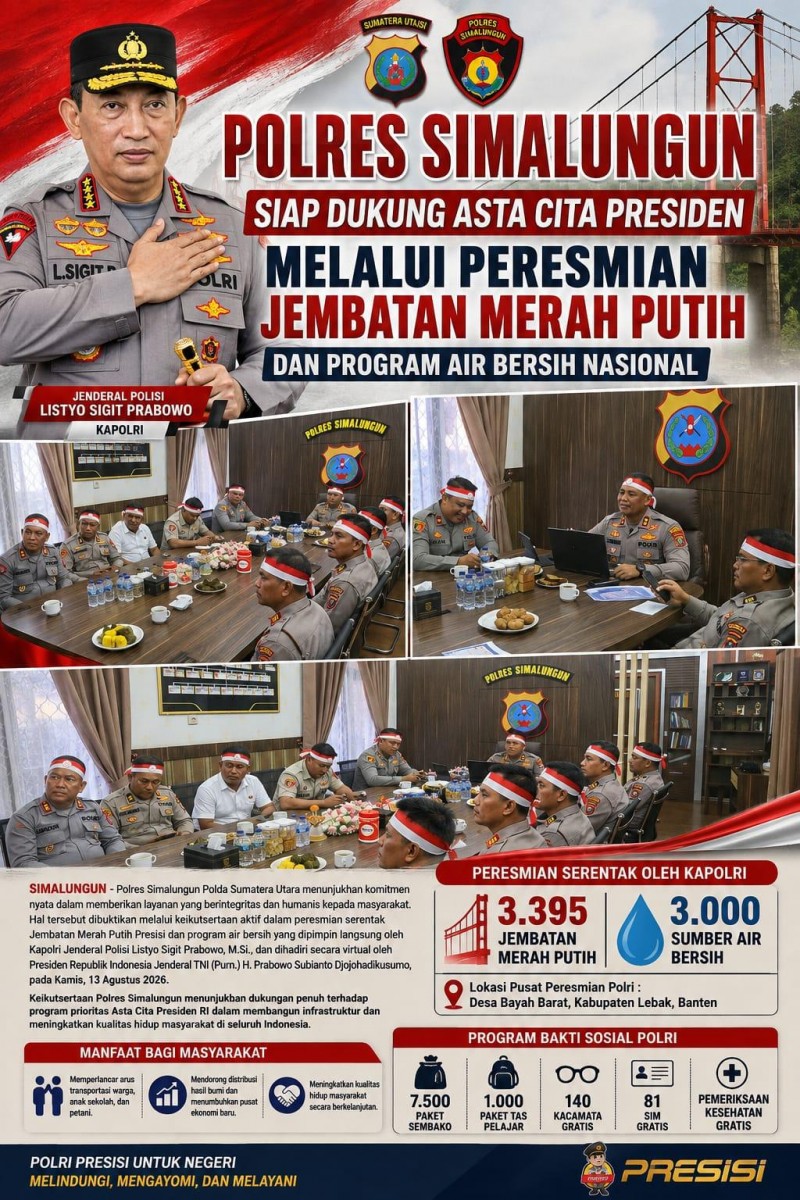 Polres Simalungun Siap Dukung Asta Cita Presiden Melalui Peresmian Jembatan Merah Putih dan Program Air Bersih Nasional