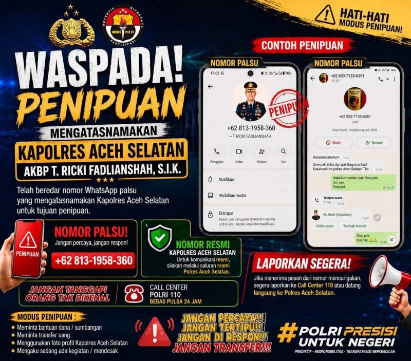 Polres Aceh Selatan Imbau Masyarakat Waspadai Penipuan Mengatasnamakan Kapolres