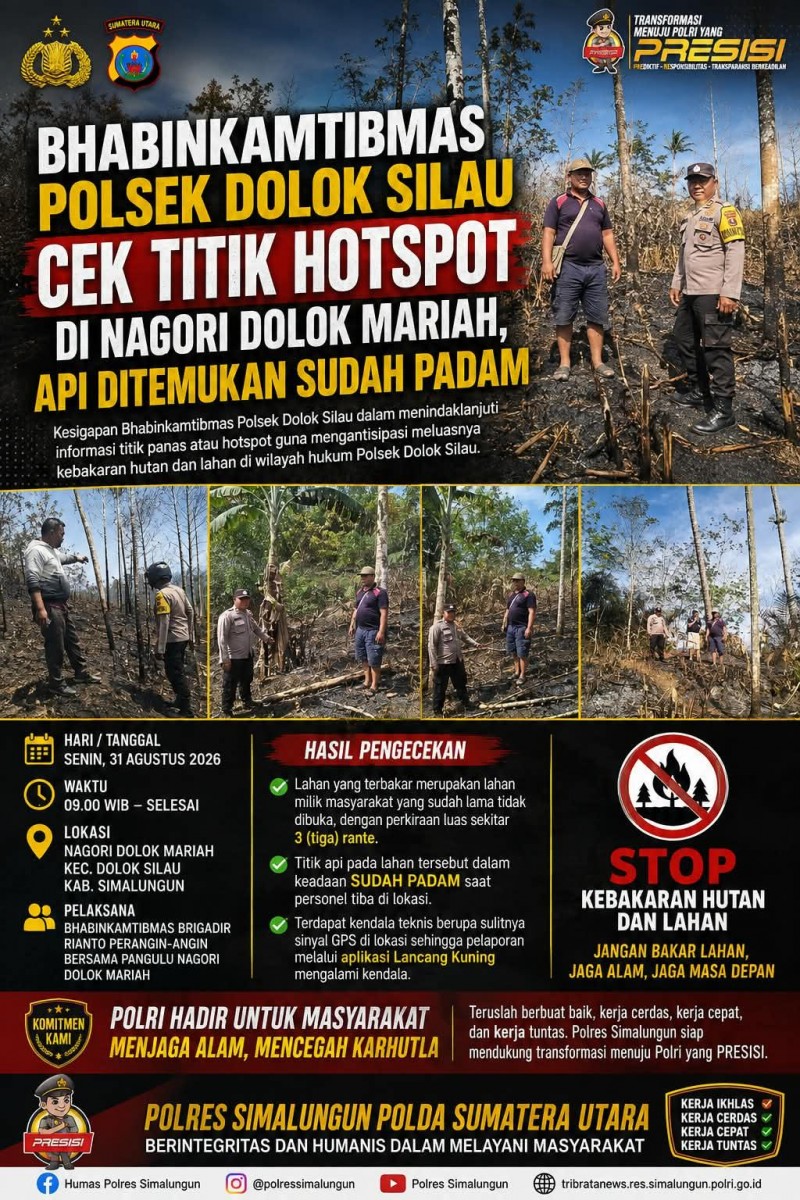 Respon Cepat Polsek Dolok Silau Cek Titik Hotspot di Nagori Dolok Mariah, Api Ditemukan Sudah Padam