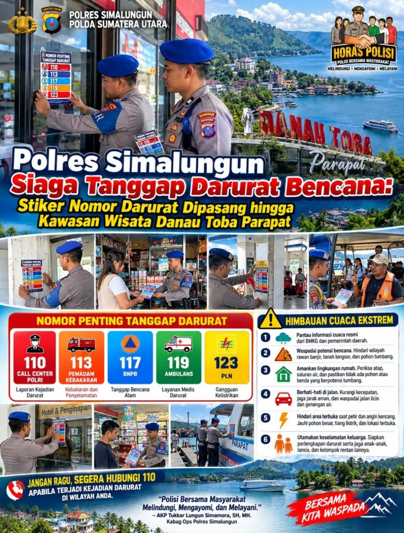 Polres Simalungun Siaga Tanggap Darurat Bencana: Stiker Nomor Darurat Dipasang hingga Kawasan Wisata Danau Toba Parapat