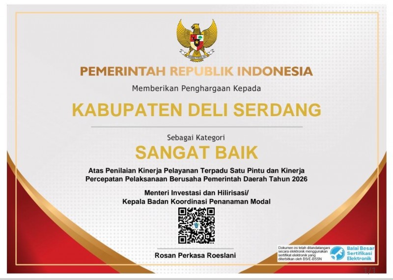 Deli Serdang Raih Penghargaan PTSP 2026, Catat Nilai 91,728